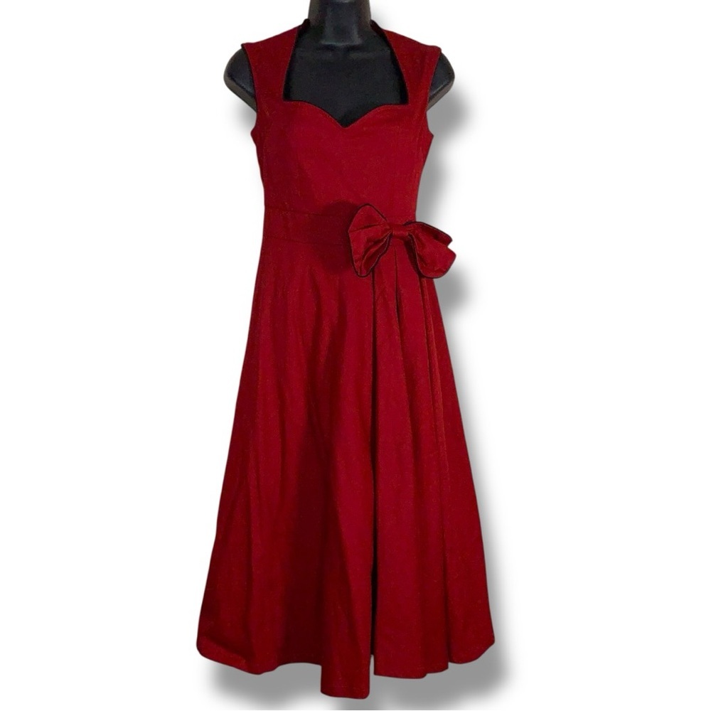 XS Lindy Bop Deep Red Pinup Dress Aline Rockabilly Sweetheart Neckline Stretch